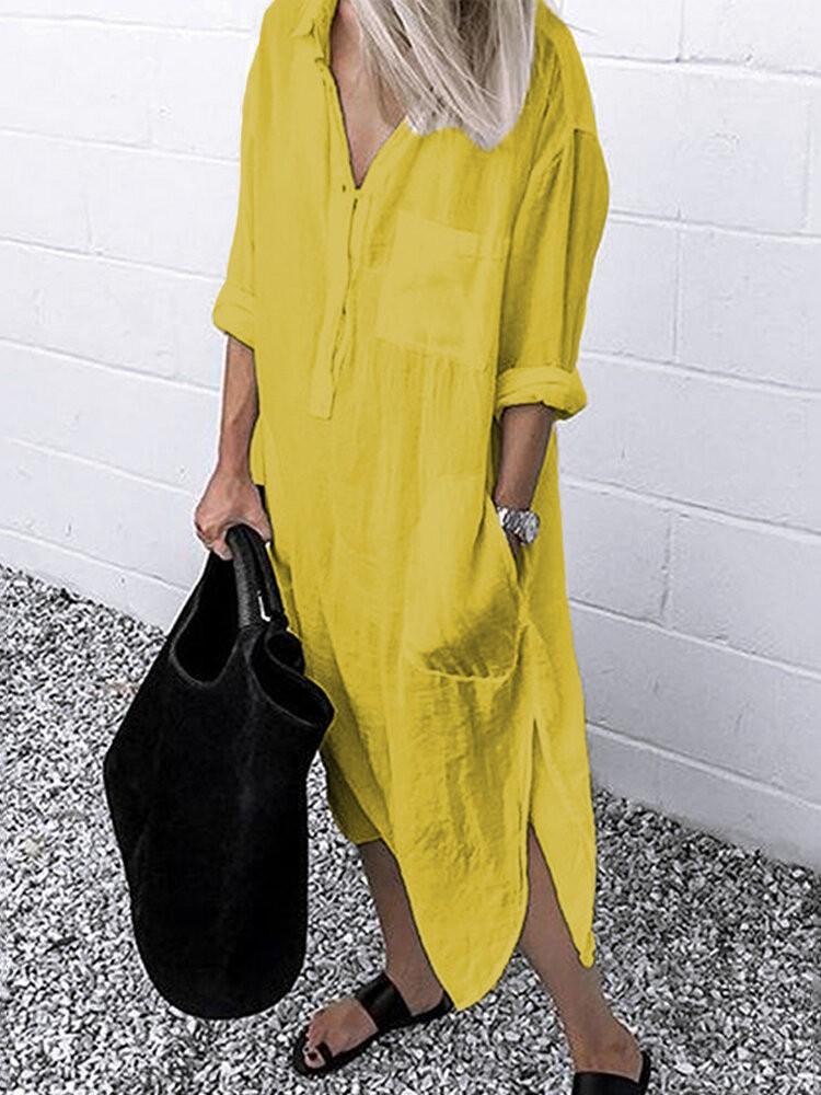 all in one place בגדי נשים Women Pure Color Button Lapel Irregular Hem Shirt Dress