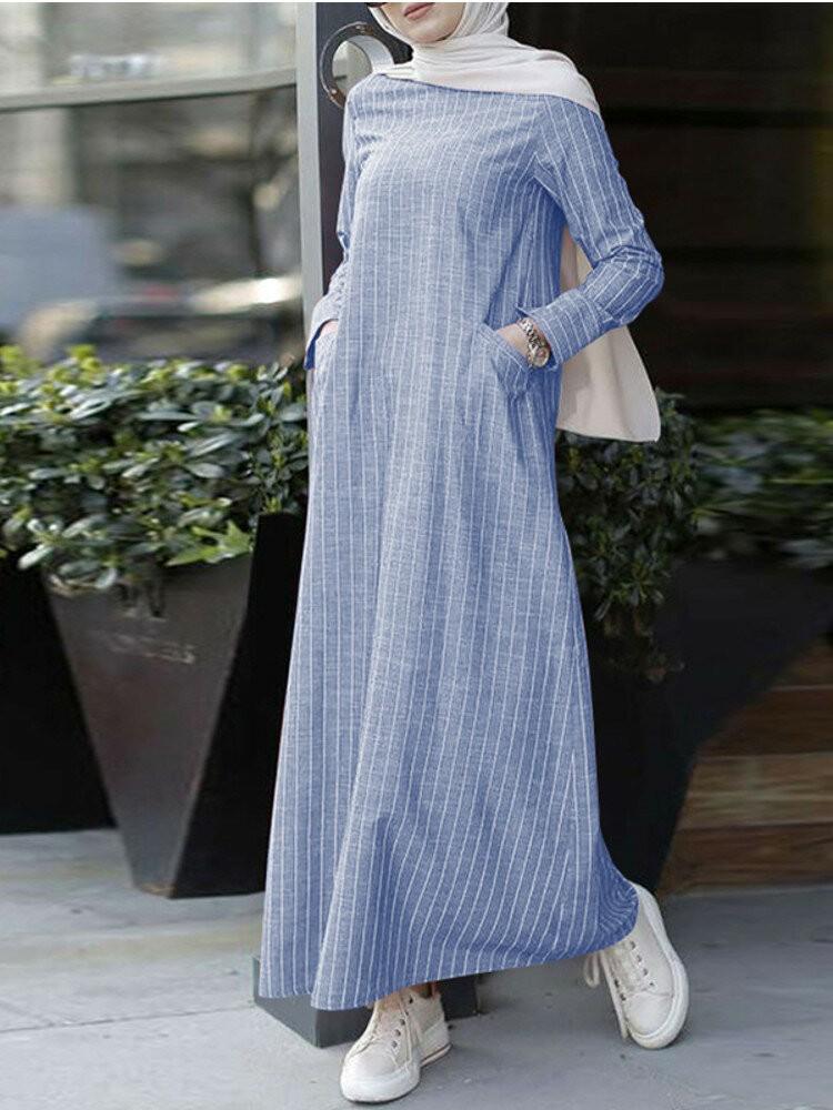 all in one place בגדי נשים Women Vertical Stripe Cotton Long Sleeve Casual Kaftan Maxi Dresses With Pockets