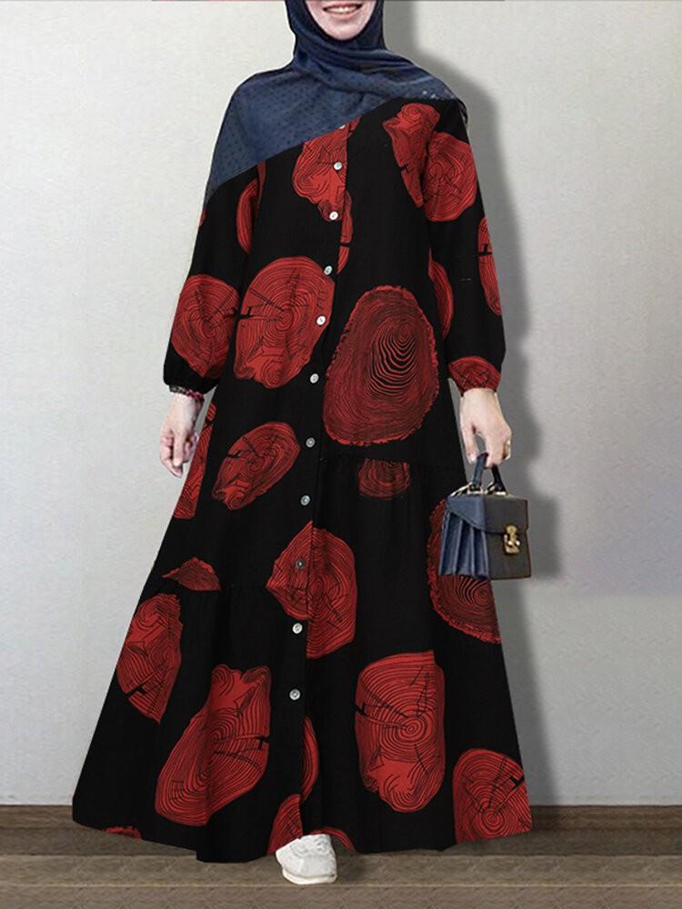all in one place בגדי נשים Women 100% Cotton Floral Printing O-Neck Long Sleeve Elastic Cuffs Casual Loose Maxi Dress