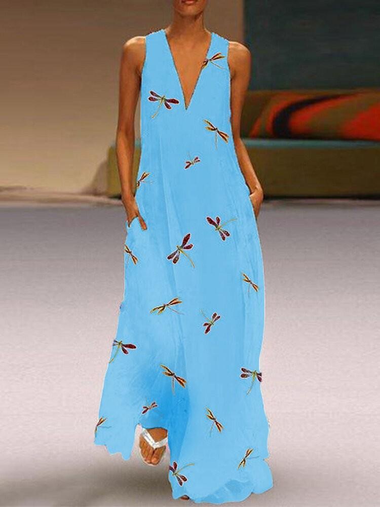 all in one place בגדי נשים Women Sleeveless V-neck Floral Print Maxi Dress