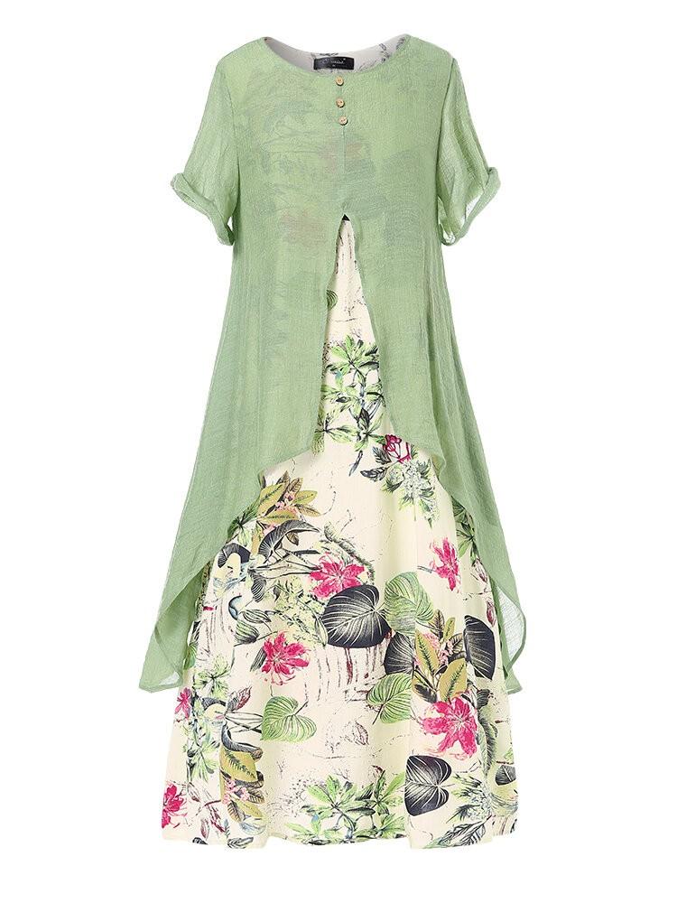 all in one place בגדי נשים Vintage Short Sleeve O-neck Print Patchwork Pocket Long Maxi Dress For Women