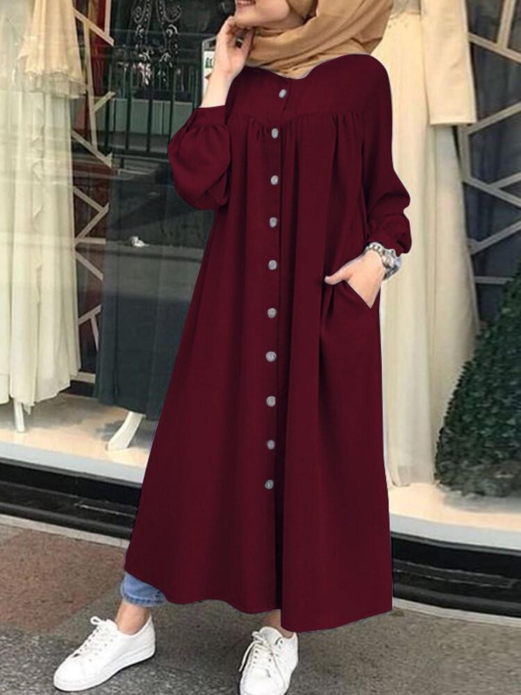 all in one place בגדי נשים Solid Color Stand Collar Button Down Front Leisure Loose Maxi Dress with Side Pockets