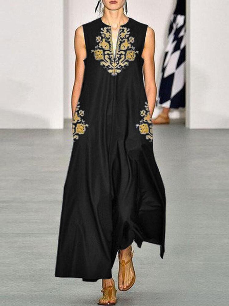 all in one place בגדי נשים Bohemian Women Sleeveless O-neck Side Pocket Floral Print Maxi Dress