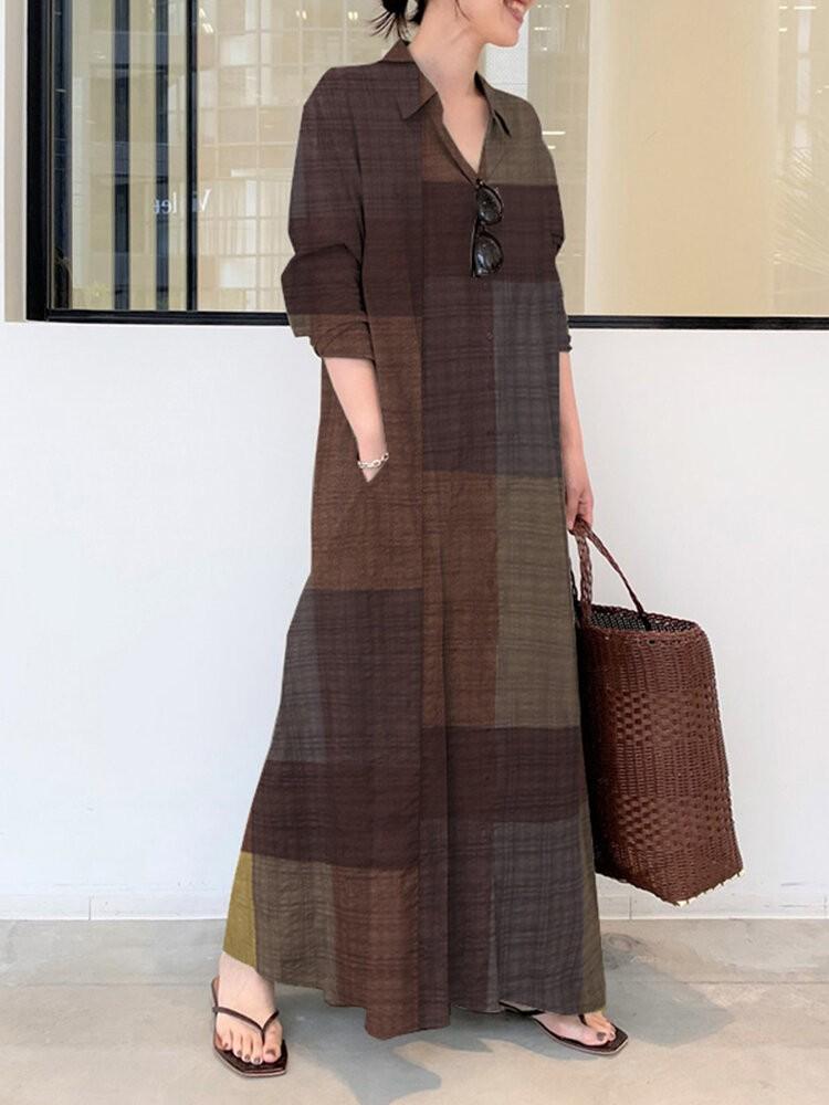 all in one place בגדי נשים Women Casual Plaid Lapel Long Sleeve Button Vintage Shirt Maxi Dresses With Pocket
