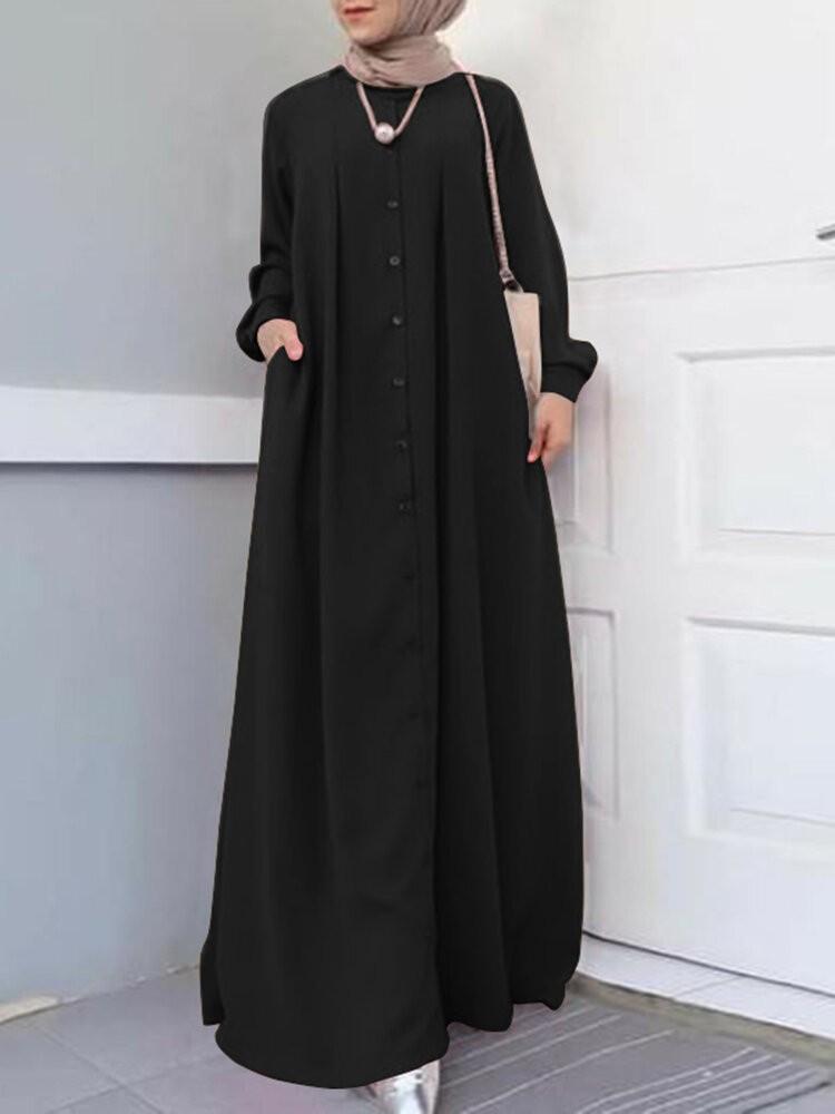 all in one place בגדי נשים Women Button Front Kaftan Robe Long Sleeve Shirt Maxi Dresses With Pocket