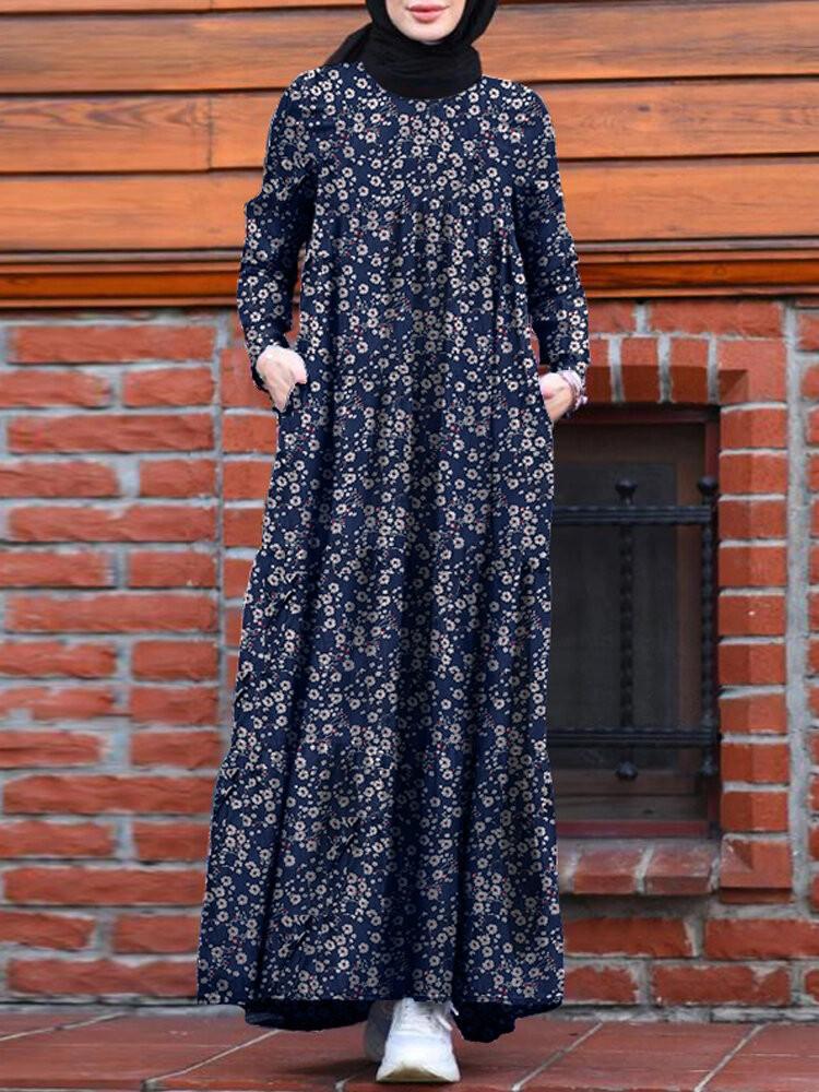 all in one place בגדי נשים Women Floral Print Tiered Dress O-Neck Casual Maxi Dress With Side Pocket