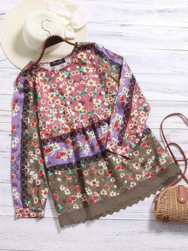 all in one place בגדי נשים Vintage Women Floral Printed Patchwork Shirt