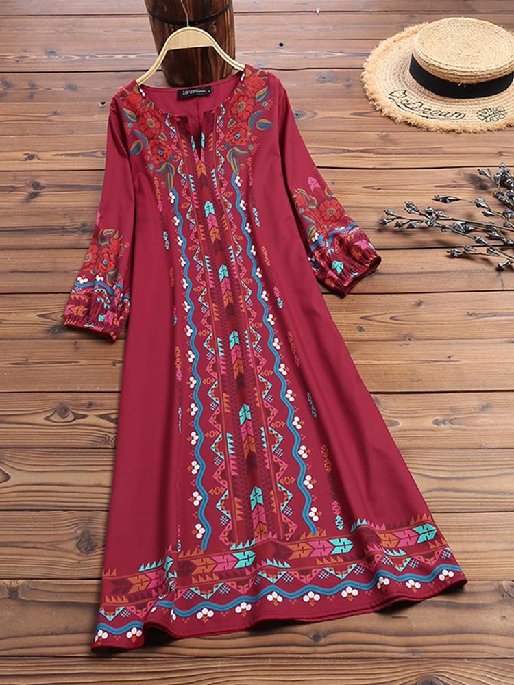 all in one place בגדי נשים Women Vintage Floral Print V-Neck Puff Sleeve Dress