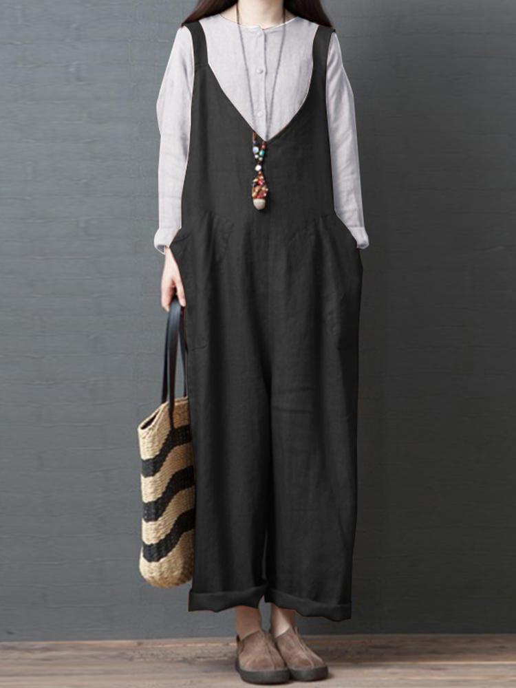 all in one place בגדי נשים Wide Leg Women Solid Color Sleeveless V-Neck Side Pockets Jumpsuit