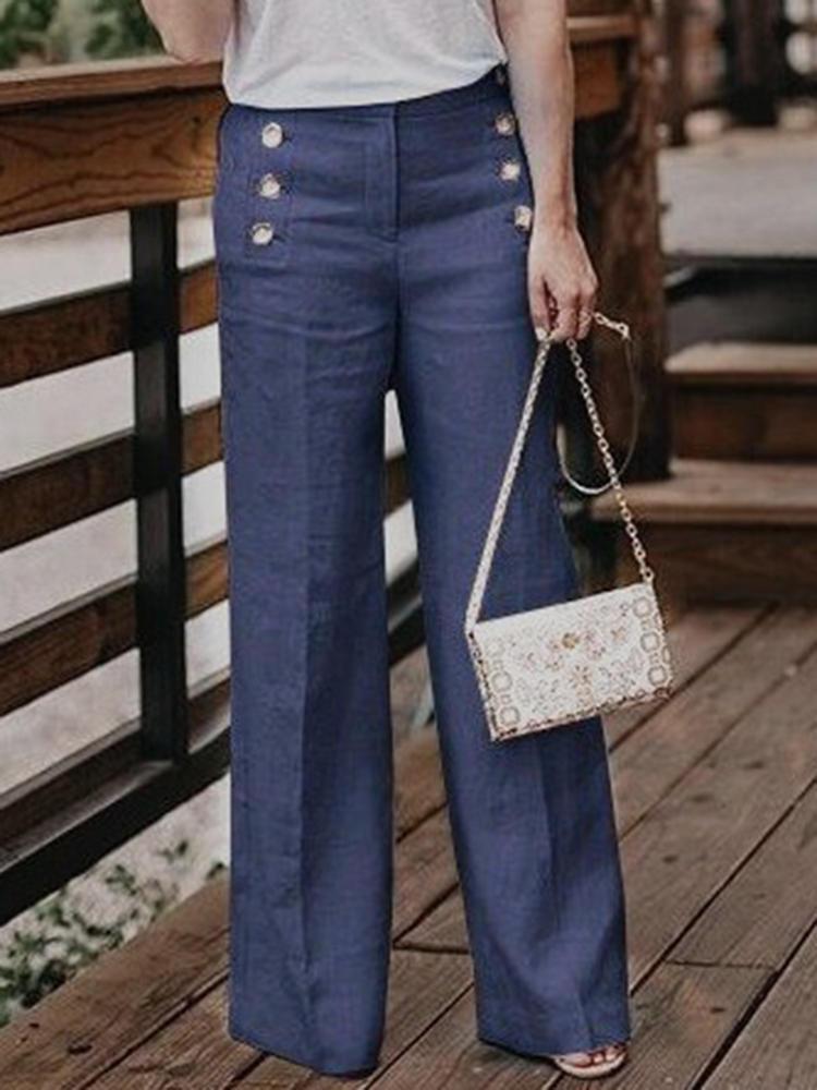 all in one place בגדי נשים Women Casual Cotton Linen Solid Color High Waist Button Pants