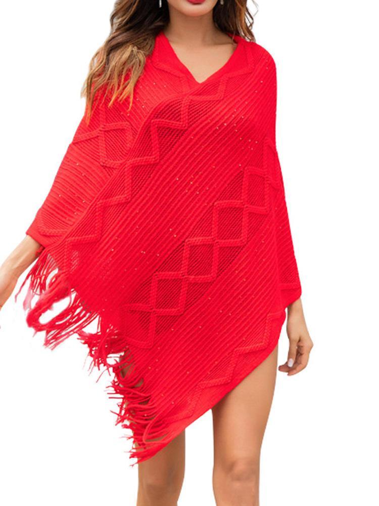 all in one place בגדי נשים Women Pure Color Geometric Loose Knit Shawl Tassel Sweater Coats