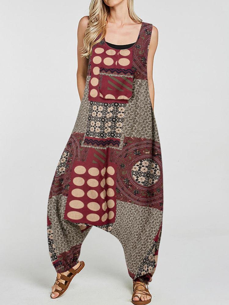 all in one place בגדי נשים Women Ethnic Cotton Print Overall Side Pockets Harem Romper Jumpsuit