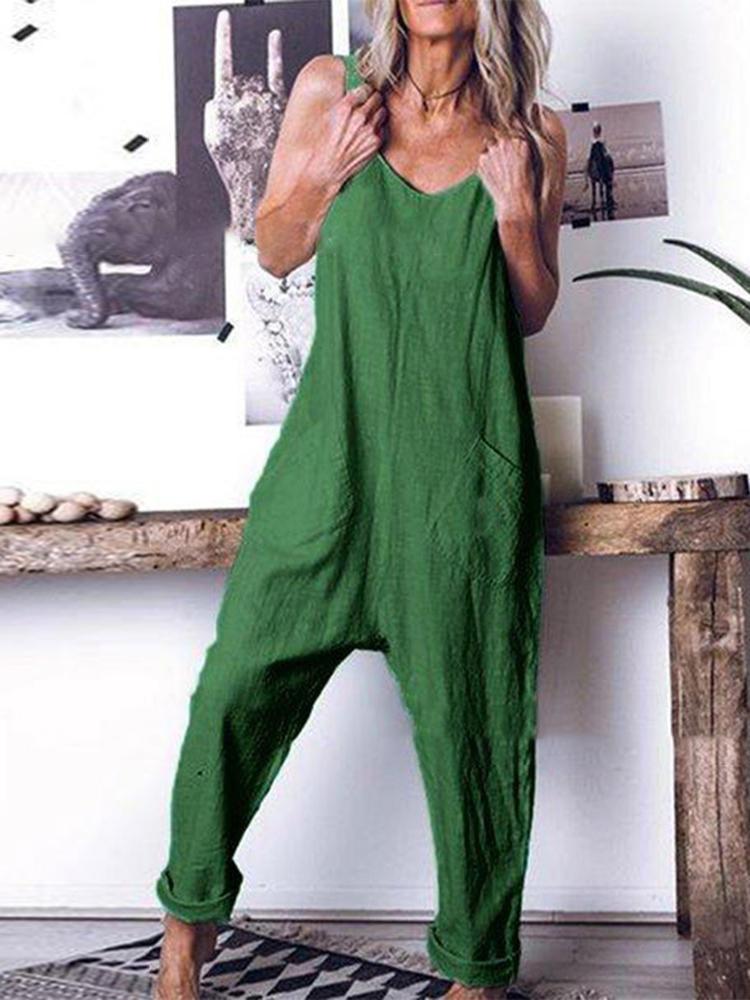 all in one place בגדי נשים Women Cotton Pure Color Sleeveless Strap Jumpsuit with Pockets