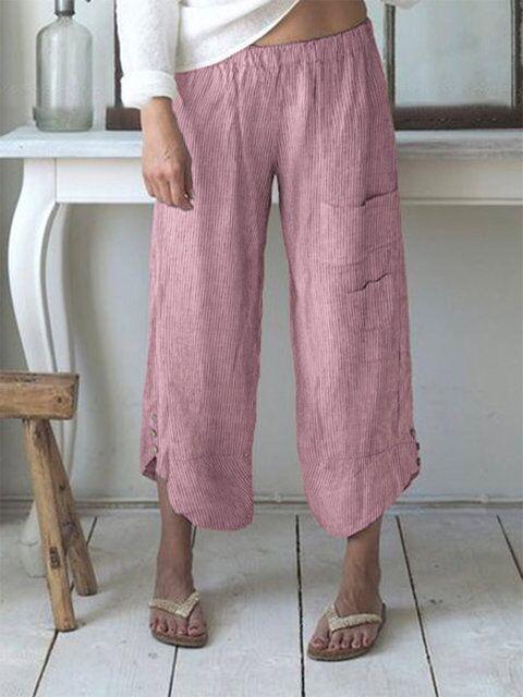 all in one place בגדי נשים Stripe Elastic Waist Button Pocket Casual Pants