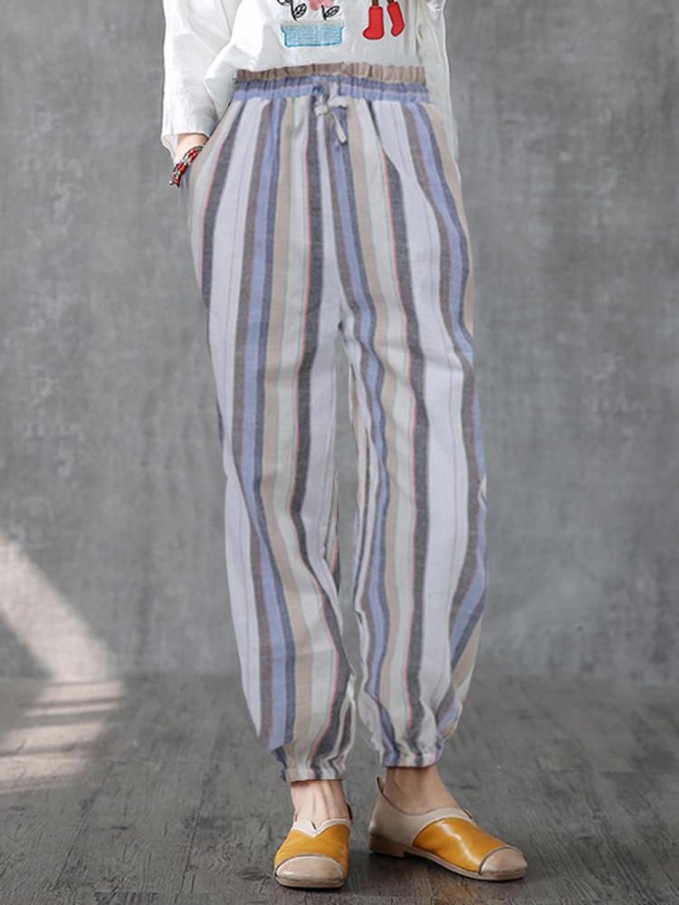 all in one place בגדי נשים Women Casual Striped Elastic Waist Trousers Pants
