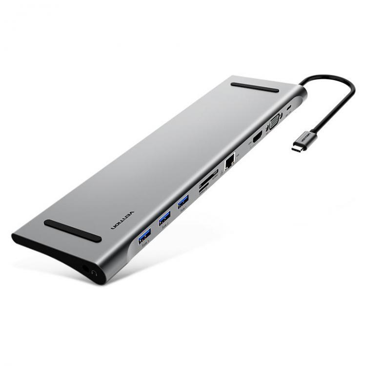 all in one place ציוד היקפי Vention CMCHB 10-in-1 Type-C to USB 3.0 PD Charge HDMI VGA Gigabit RJ45 3.5mm Audio SD TF Hub