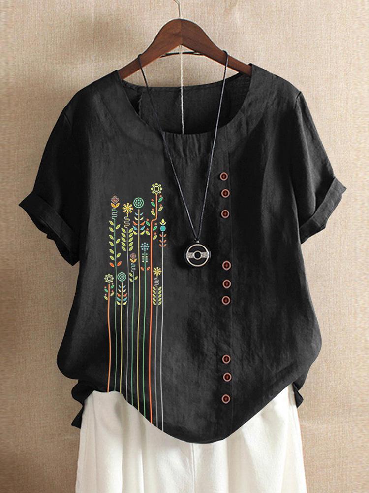 all in one place בגדי נשים Bohemian Print Button Crew Neck Short Sleeve T-Shirts