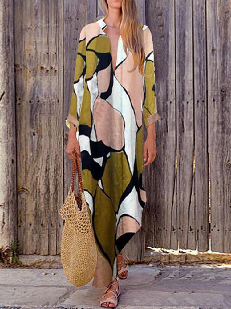 all in one place בגדי נשים Bohemian Women Long Sleeve V Neck Daily Casual Floral Print Maxi Dress