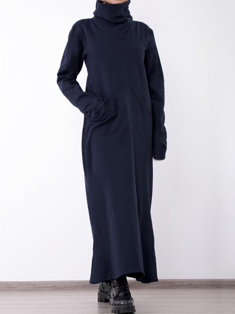 all in one place בגדי נשים Casual Women Solid Color Turtleneck Long Sleeve Sweater Dress with Pockets
