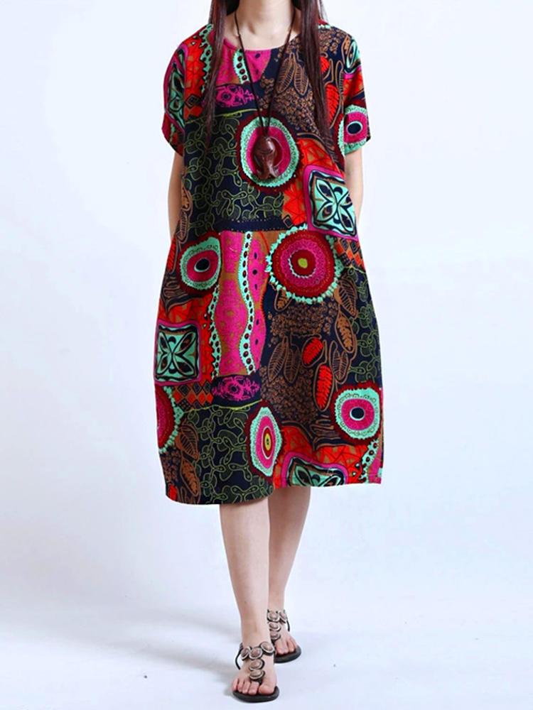 all in one place בגדי נשים Cotton Women Pattern Printed Short Sleeve O-Neck Dresses