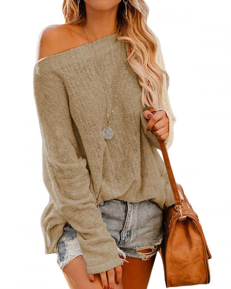 all in one place בגדי נשים Women Off Shoulder Long Sleeve Blouse Casual Pullover Knit Sweaters