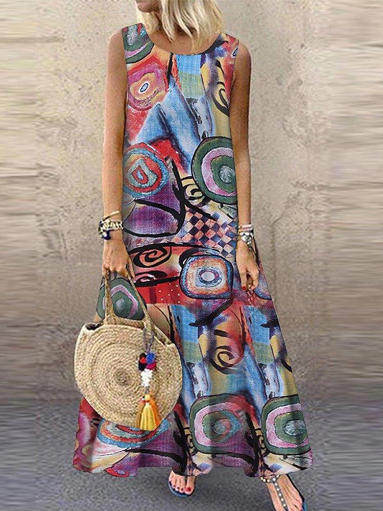 all in one place בגדי נשים Women Retro O-neck Floral Print Sleeveless Maxi Dress