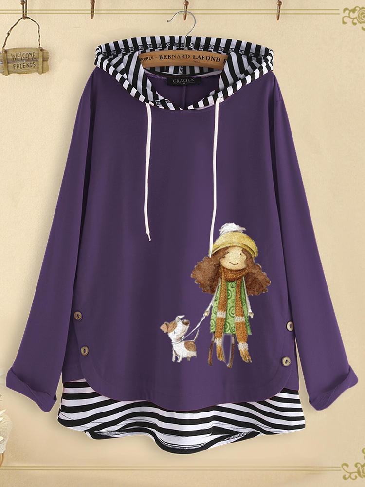 all in one place בגדי נשים Side Button Cartoon Print Stripe Patchwork Long Sleeve Sweatshirt For Women