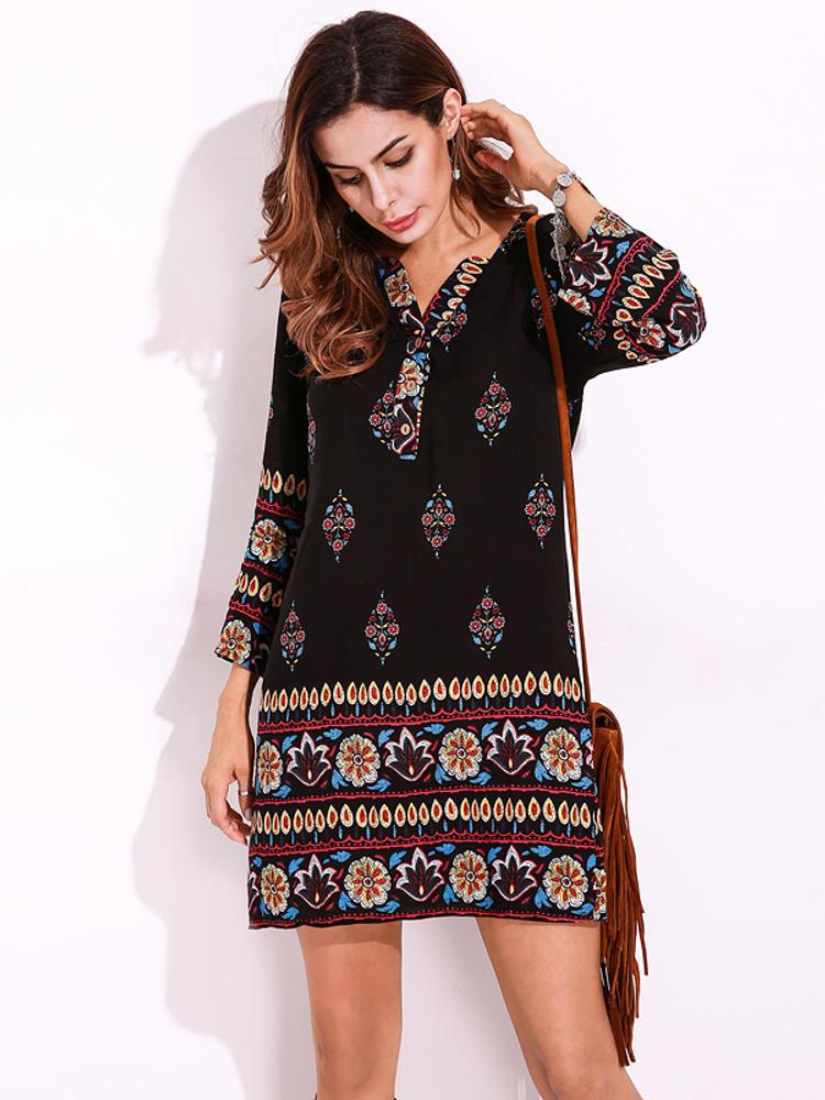 all in one place בגדי נשים Plus Size Women Floral Printed Bohemian Mini Dress