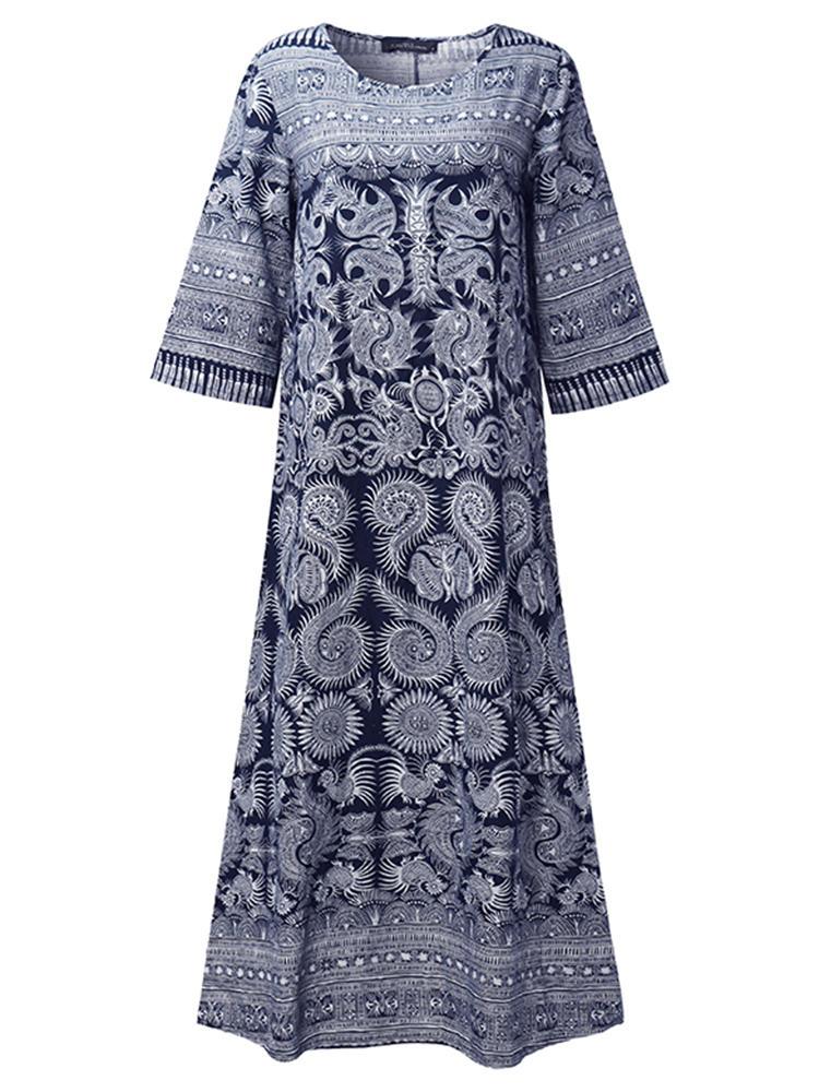 all in one place בגדי נשים Women Loose Retro Printing 3/4 Sleeve Maxi Dress
