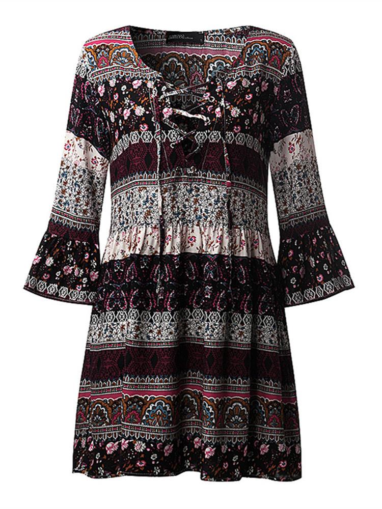 all in one place בגדי נשים Bohemian Women V-neck Bell Sleeve Floral Printed Mini Dress