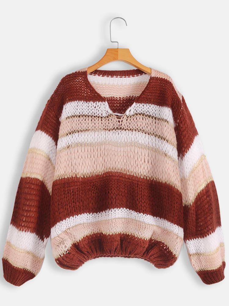 all in one place בגדי נשים Women Casual Striped V-neck Sweaters