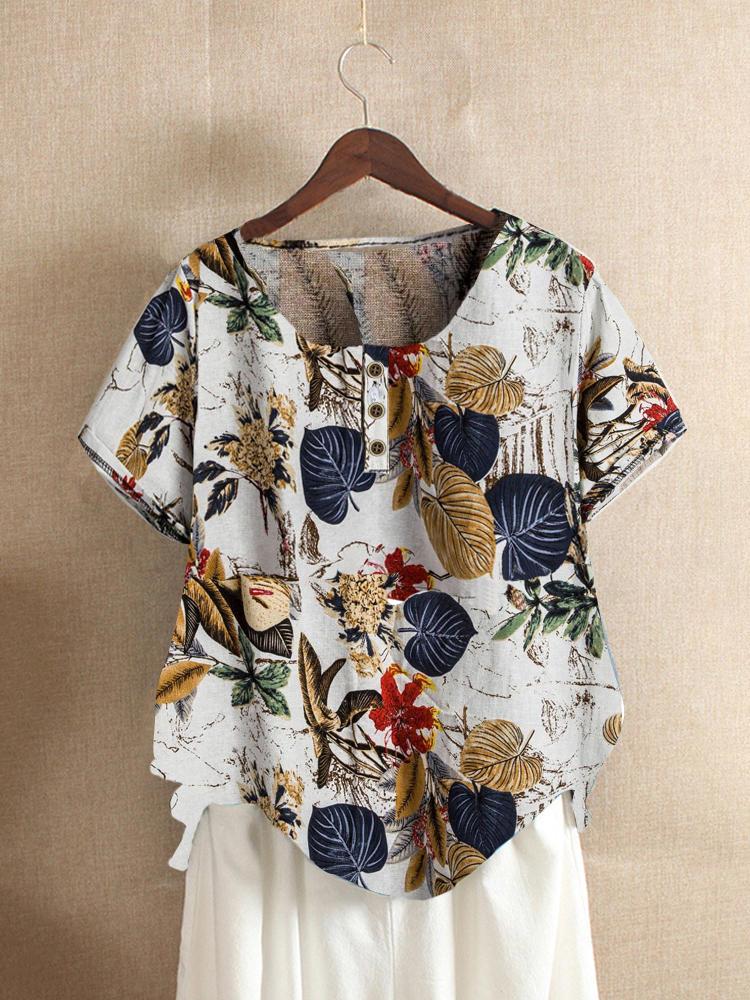 all in one place בגדי נשים Button Leaves Print Short Sleeve Summer Vintage T-shirts