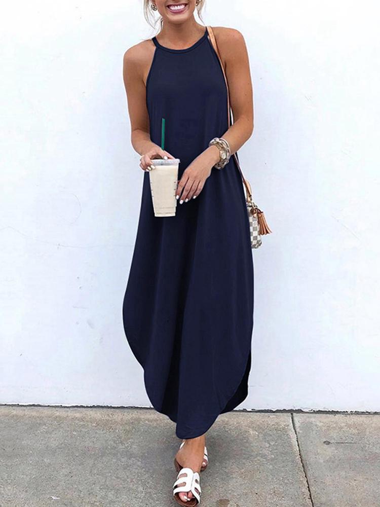 all in one place בגדי נשים Women Sleeveless Straps High Low Hem Solid Causal Maxi Dress