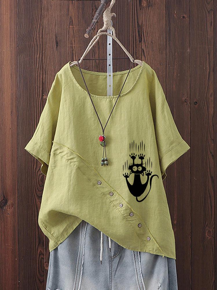 all in one place בגדי נשים Women Button Cartoon Cat Print Short Sleeve Summer T-shirts