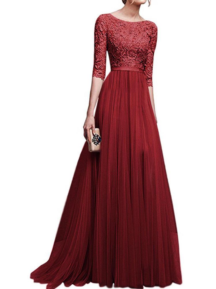 all in one place בגדי נשים Lace Patchwork Half Sleeve Evening Maxi Dress