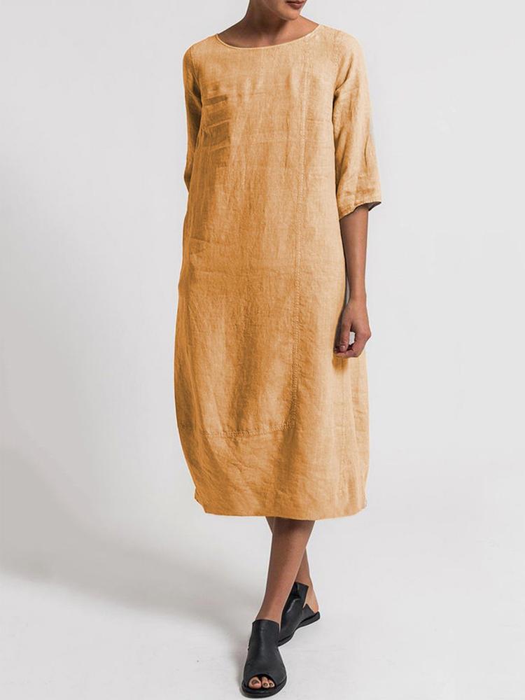 all in one place בגדי נשים Solid Color 3/4 Sleeve Crew Neck Casual Dress