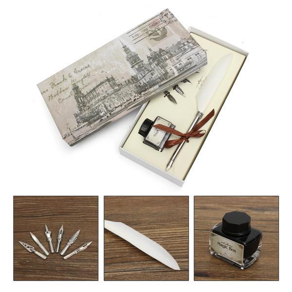 all in one place ציוד היקפי Retro Goose Feather Quill Pen Metal Nib Dip Writing Black Ink Set Collectable