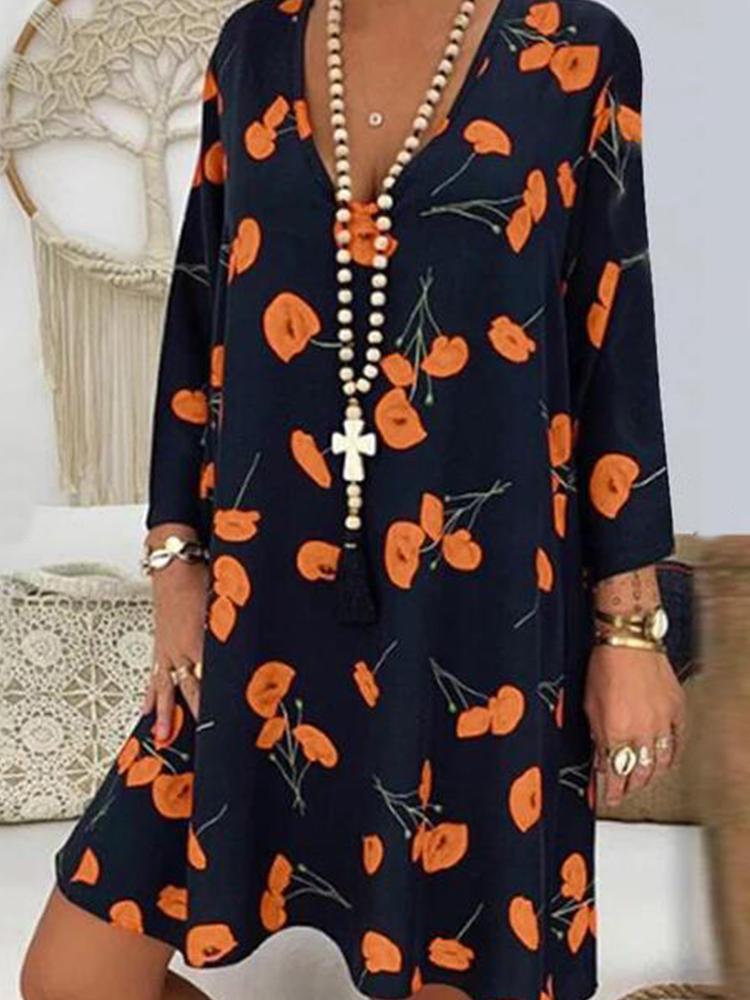 all in one place בגדי נשים Bohemian Floral Print V-neck Long Sleeve Plus Size Dress