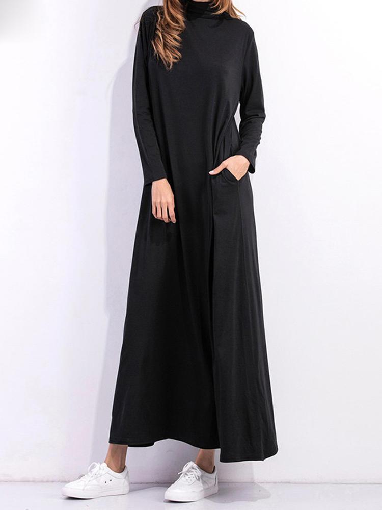 all in one place בגדי נשים Casual Women Long Sleeve Pure Color Turtleneck Pocket Long Dress