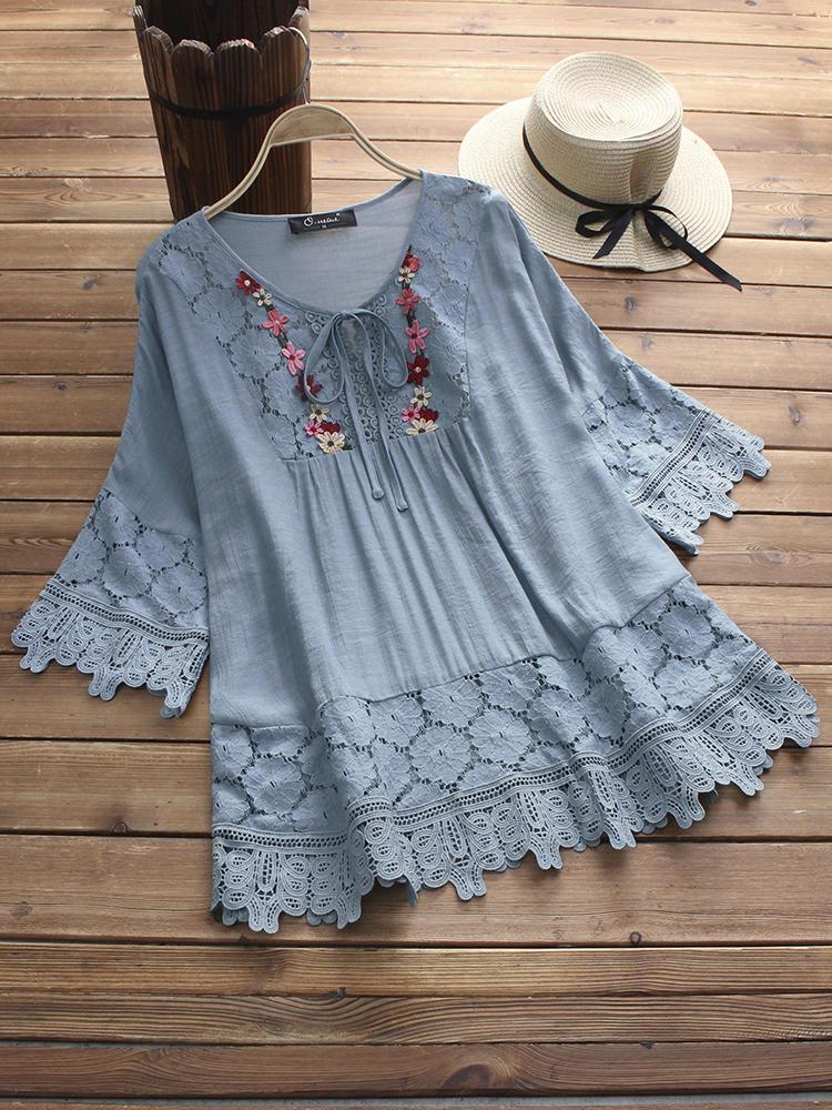 all in one place בגדי נשים Casual Women Hollow Lace Patchwork 3/4 Sleeve Blouse