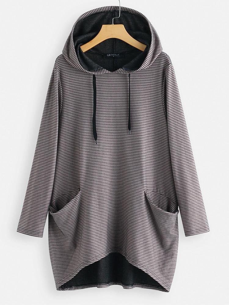 all in one place בגדי נשים Pockets Stripe Irregular Long Sleeve Hoodie Sweatshirt For Women