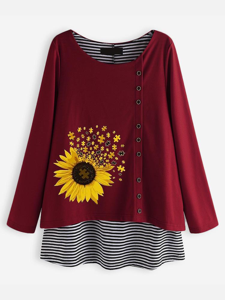 all in one place בגדי נשים Women Casual Stripe Flower Print Long Sleeve Blouse
