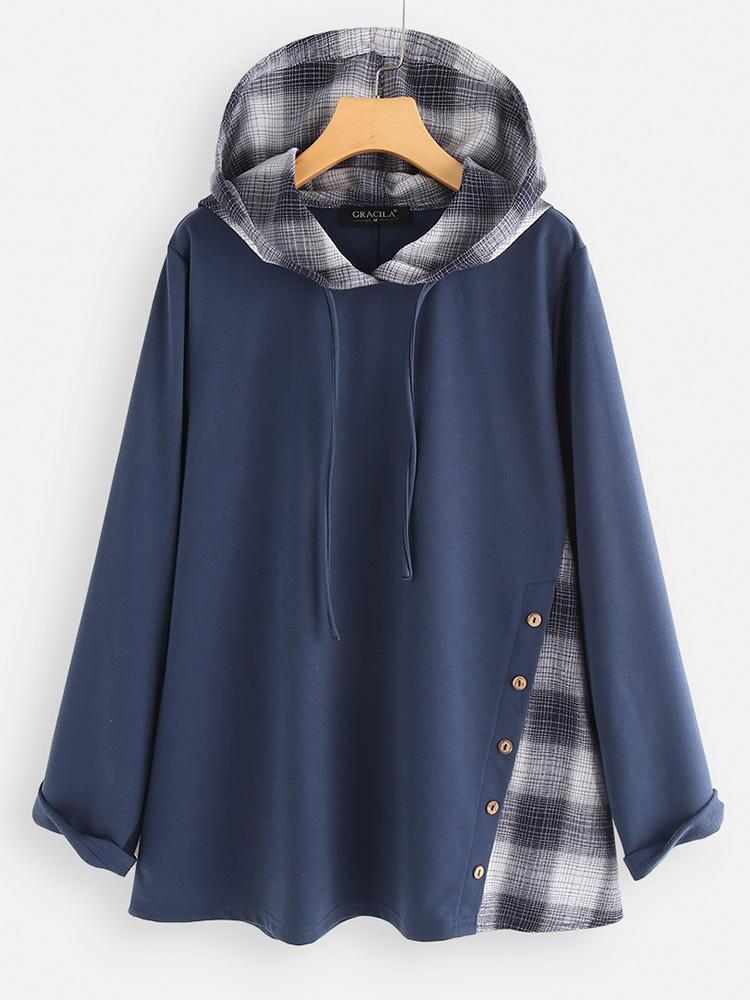all in one place בגדי נשים Women Patchwork Plaid Side Button Casual Hoodies Sweatshirts