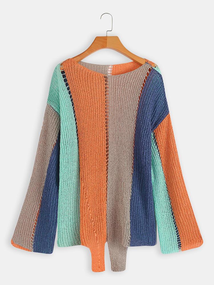 all in one place בגדי נשים Long Sleeve Crew Neck Striped Hollow Sweaters