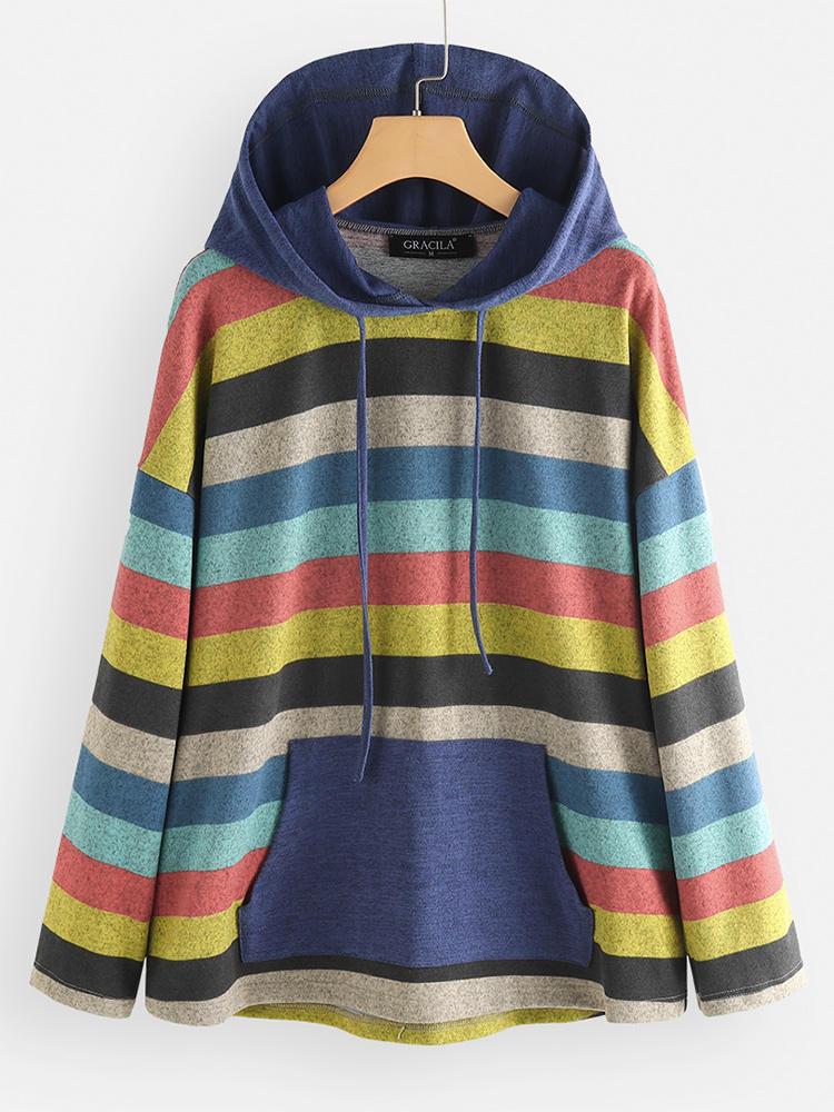 all in one place בגדי נשים Women Contrast Color Stripe Patchwork Long Sleeve Hoodie Sweatshirt