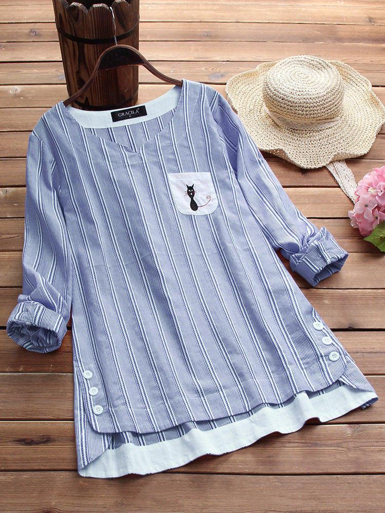 all in one place בגדי נשים Vintage Women Cotton Side Buttons Stripe Cat Embroidered Patchwork Blouse