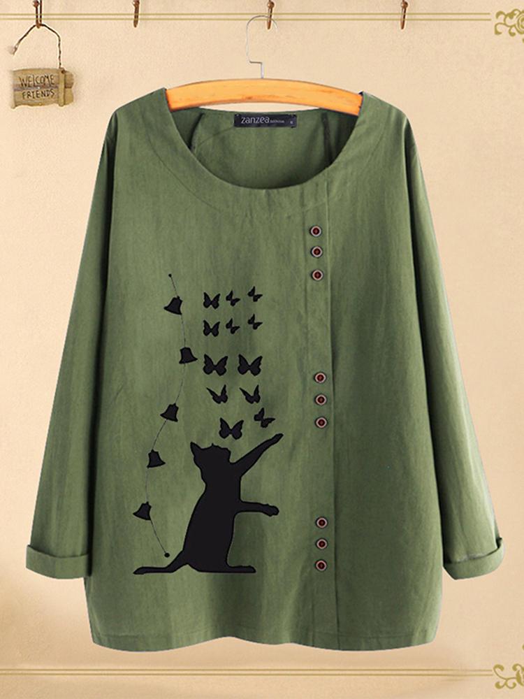 all in one place בגדי נשים Women Casual Cartoon Cat Print Crew Neck Long Sleeve T-Shirts