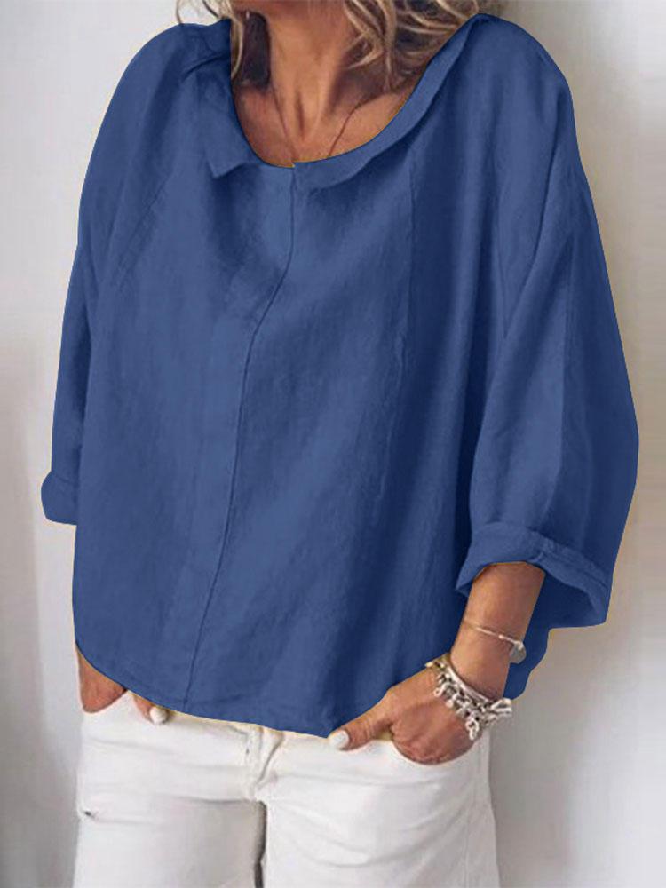all in one place בגדי נשים Women Casual Cotton Pure Color Long Sleeve Blouse
