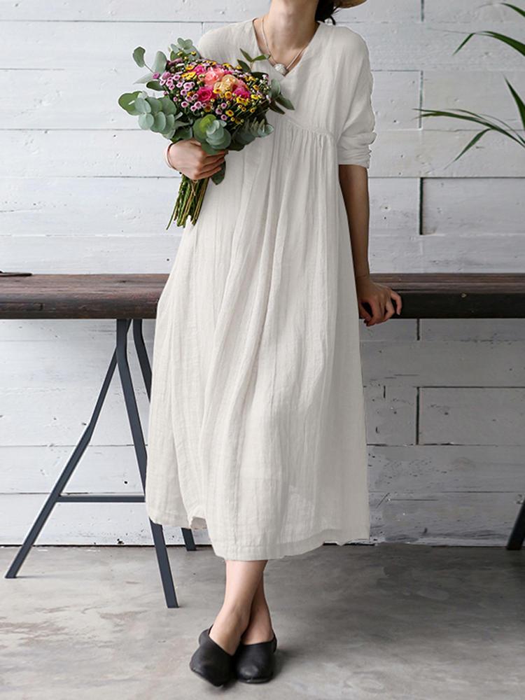 all in one place בגדי נשים M-5XL Vintage Women Solid Color V-Neck Long Sleeve Maxi Dress