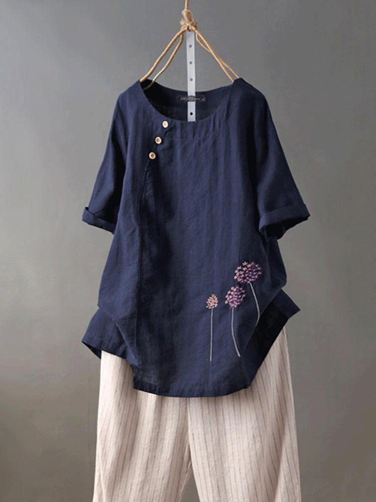 all in one place בגדי נשים Women Short Sleeve O-neck Floral Embroidery Vintage Blouse